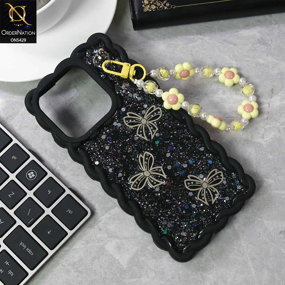 Tecno Pop 7 Cover - Black - New Braid Style Borders Butterfly Shiny Glitter Soft Case With Beads Bracelet Holder (Glitter Does Not Move)