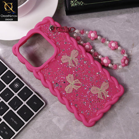 Infinix Smart 7 Plus Cover - Pink - New Braid Style Borders Butterfly Shiny Glitter Soft Case With Beads Bracelet Holder (Glitter Does Not Move)