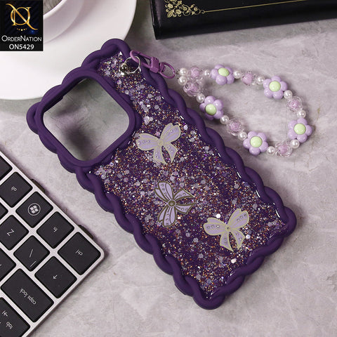 Tecno Spark Go 2023 Cover - Purple - New Braid Style Borders Butterfly Shiny Glitter Soft Case With Beads Bracelet Holder (Glitter Does Not Move)