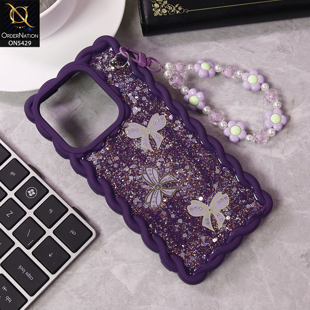 Infinix Smart 7 Plus Cover - Purple - New Braid Style Borders Butterfly Shiny Glitter Soft Case With Beads Bracelet Holder (Glitter Does Not Move)