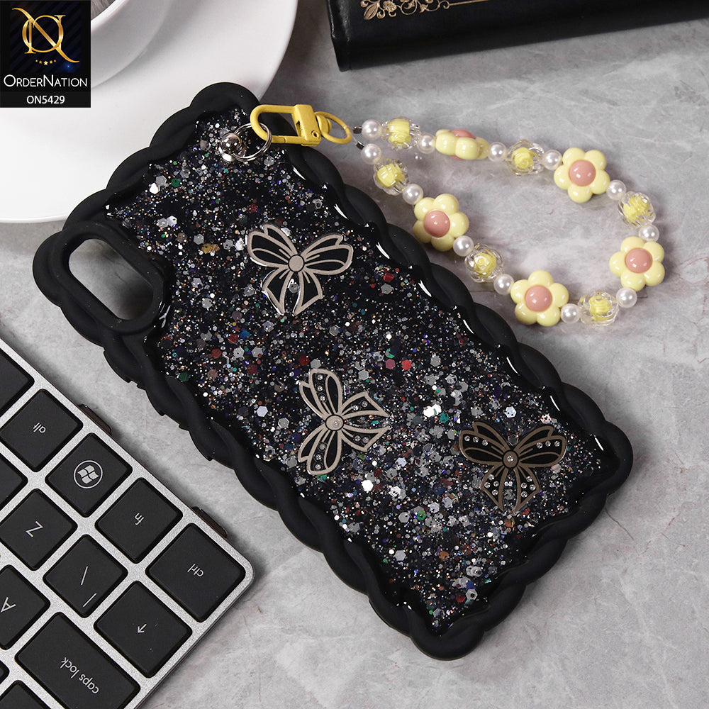 Vivo Y91C Cover - Black - New Braid Style Borders Butterfly Shiny Glitter Soft Case With Beads Bracelet Holder (Glitter Does Not Move)