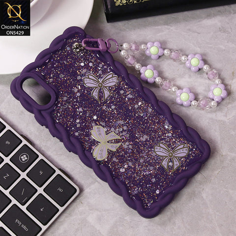 Vivo Y91C Cover - Purple - New Braid Style Borders Butterfly Shiny Glitter Soft Case With Beads Bracelet Holder (Glitter Does Not Move)
