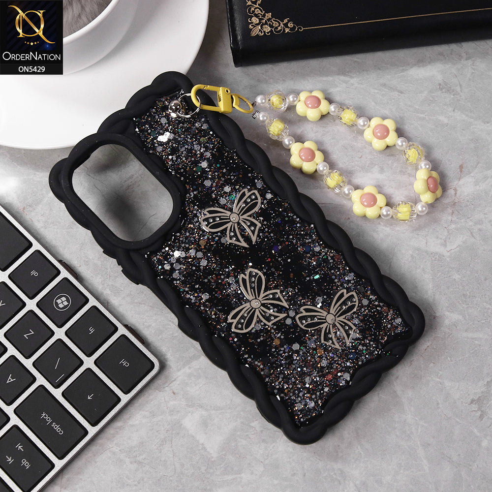 Vivo Y28 5G Cover - Black - New Braid Style Borders Butterfly Shiny Glitter Soft Case With Beads Bracelet Holder (Glitter Does Not Move)