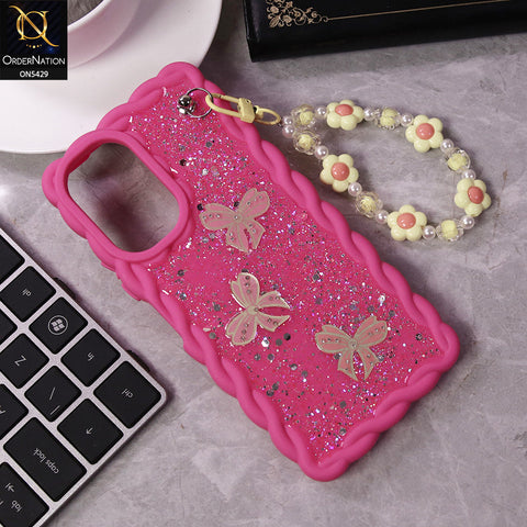 Vivo Y18 Cover - Pink - New Braid Style Borders Butterfly Shiny Glitter Soft Case With Beads Bracelet Holder (Glitter Does Not Move)