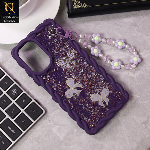 Vivo Y03t Cover - Purple - New Braid Style Borders Butterfly Shiny Glitter Soft Case With Beads Bracelet Holder (Glitter Does Not Move)