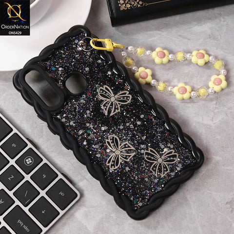 Vivo Y15 Cover - Black - New Braid Style Borders Butterfly Shiny Glitter Soft Case With Beads Bracelet Holder (Glitter Does Not Move)