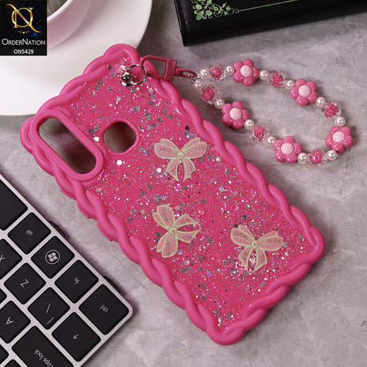 Vivo Y17 Cover - Pink - New Braid Style Borders Butterfly Shiny Glitter Soft Case With Beads Bracelet Holder (Glitter Does Not Move)