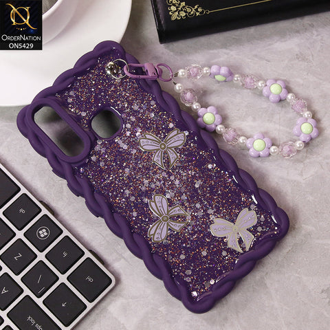 Vivo Y12 Cover - Purple - New Braid Style Borders Butterfly Shiny Glitter Soft Case With Beads Bracelet Holder (Glitter Does Not Move)