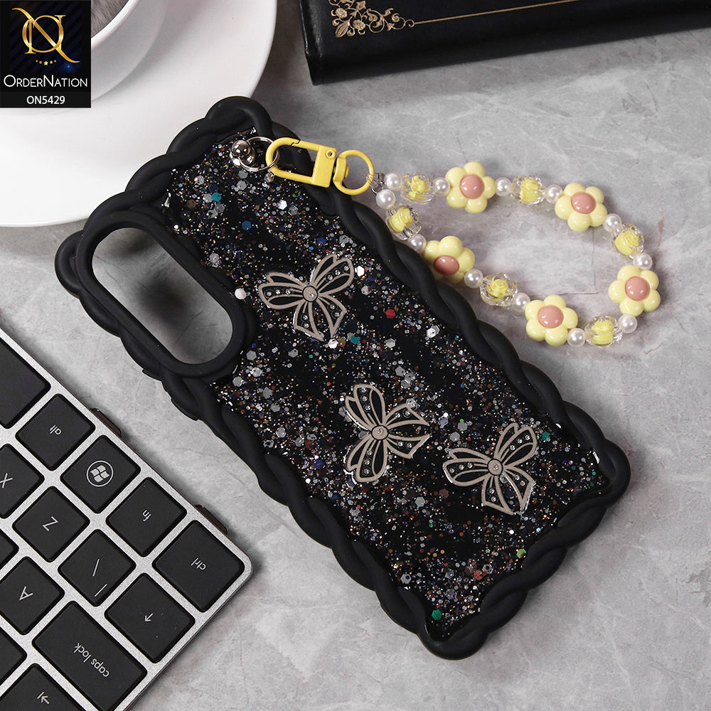 Vivo Y17s Cover - Black - New Braid Style Borders Butterfly Shiny Glitter Soft Case With Beads Bracelet Holder (Glitter Does Not Move)