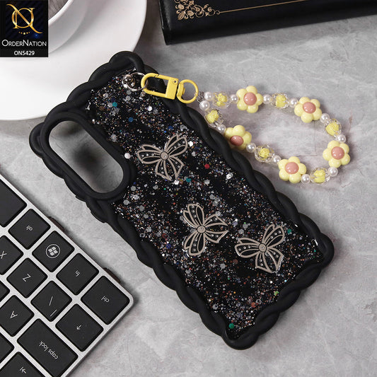 Vivo Y17s Cover - Black - New Braid Style Borders Butterfly Shiny Glitter Soft Case With Beads Bracelet Holder (Glitter Does Not Move)