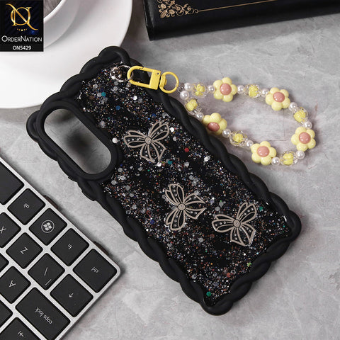 Vivo Y17s Cover - Black - New Braid Style Borders Butterfly Shiny Glitter Soft Case With Beads Bracelet Holder (Glitter Does Not Move)