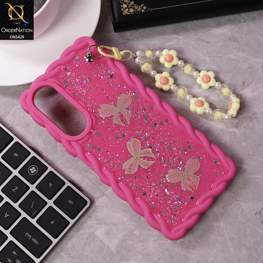 Vivo Y17s Cover - Pink - New Braid Style Borders Butterfly Shiny Glitter Soft Case With Beads Bracelet Holder (Glitter Does Not Move)