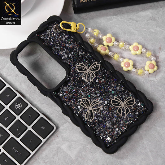 Vivo Y19s Cover - Black - New Braid Style Borders Butterfly Shiny Glitter Soft Case With Beads Bracelet Holder (Glitter Does Not Move)