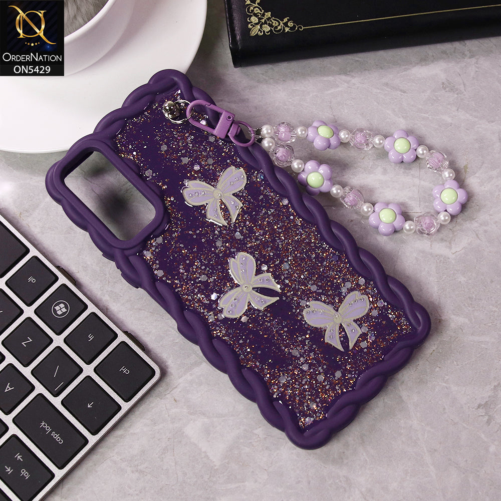Vivo Y20T Cover - Purple - New Braid Style Borders Butterfly Shiny Glitter Soft Case With Beads Bracelet Holder (Glitter Does Not Move)