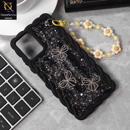 Vivo Y33s Cover - Black - New Braid Style Borders Butterfly Shiny Glitter Soft Case With Beads Bracelet Holder (Glitter Does Not Move)