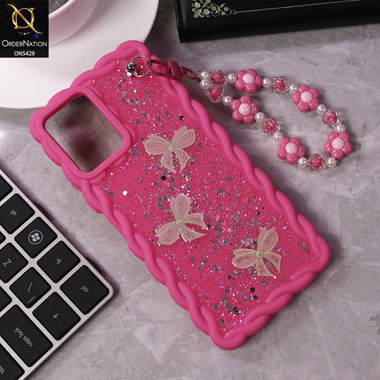 Vivo Y33s Cover - Pink - New Braid Style Borders Butterfly Shiny Glitter Soft Case With Beads Bracelet Holder (Glitter Does Not Move)