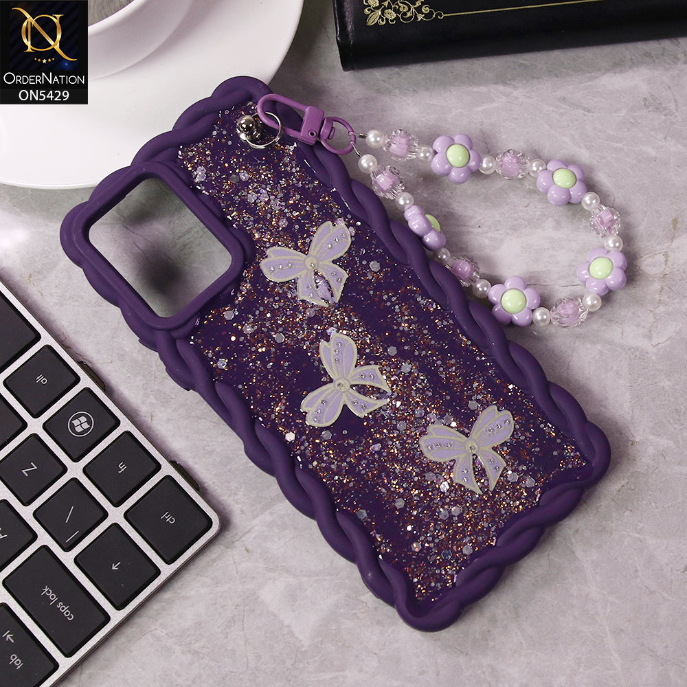 Vivo Y21G Cover - Purple - New Braid Style Borders Butterfly Shiny Glitter Soft Case With Beads Bracelet Holder (Glitter Does Not Move)