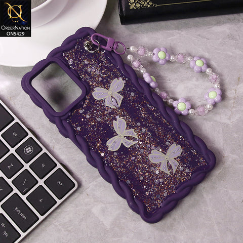 Vivo Y21G Cover - Purple - New Braid Style Borders Butterfly Shiny Glitter Soft Case With Beads Bracelet Holder (Glitter Does Not Move)