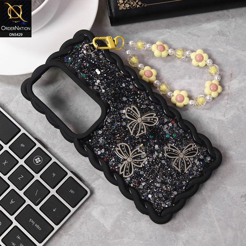 Vivo V40 Lite (IDN) Cover - Black - New Braid Style Borders Butterfly Shiny Glitter Soft Case With Beads Bracelet Holder (Glitter Does Not Move)
