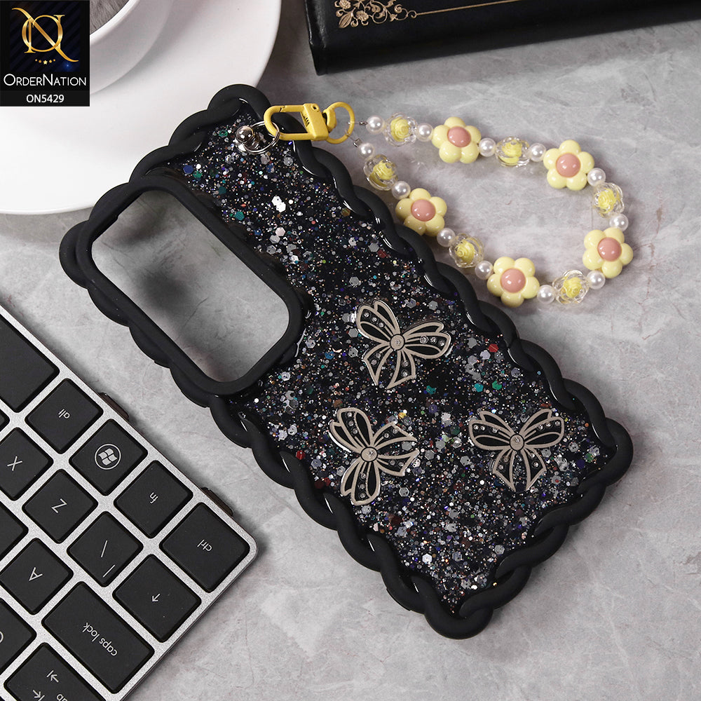 Vivo 300 Cover - Black - New Braid Style Borders Butterfly Shiny Glitter Soft Case With Beads Bracelet Holder (Glitter Does Not Move)