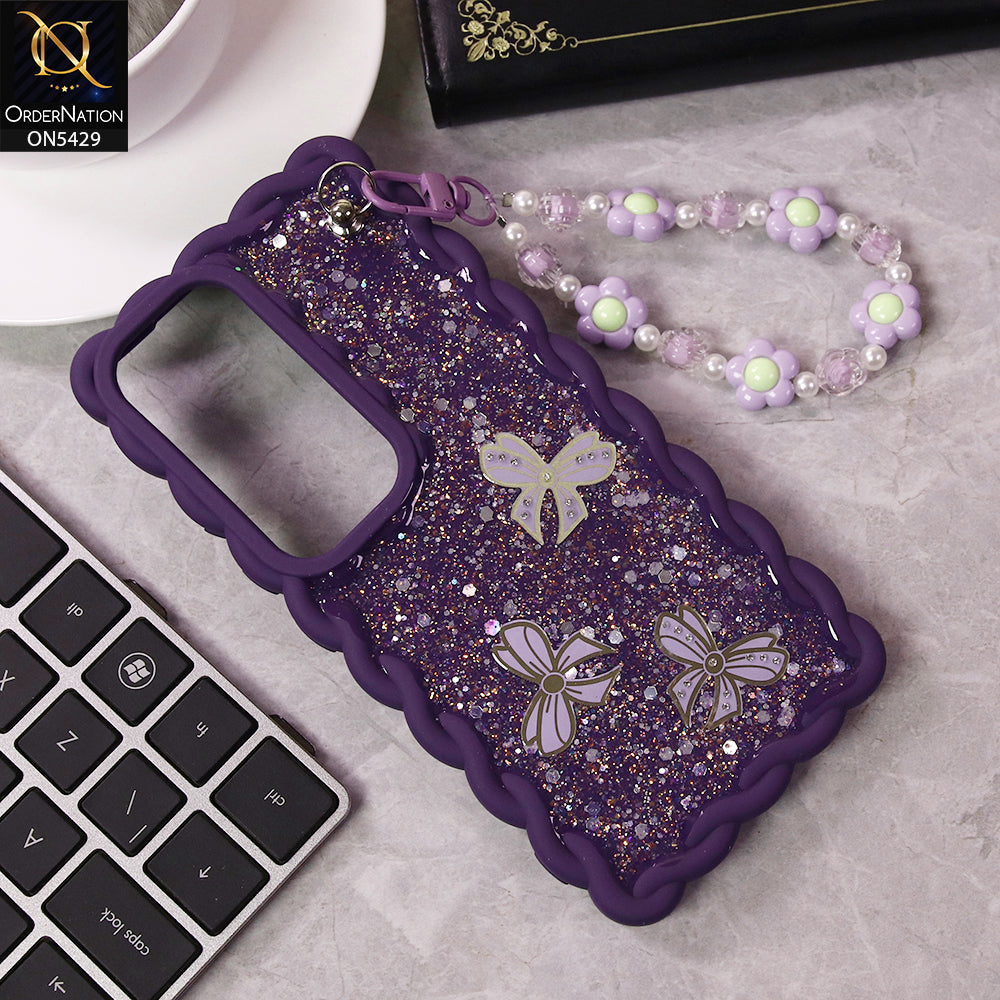 Vivo 300 Cover - Purple - New Braid Style Borders Butterfly Shiny Glitter Soft Case With Beads Bracelet Holder (Glitter Does Not Move)