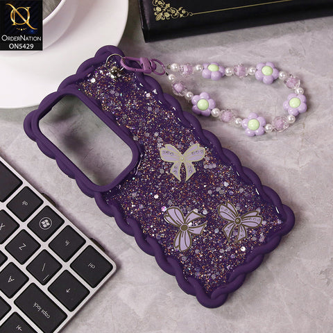 Vivo 300 Cover - Purple - New Braid Style Borders Butterfly Shiny Glitter Soft Case With Beads Bracelet Holder (Glitter Does Not Move)