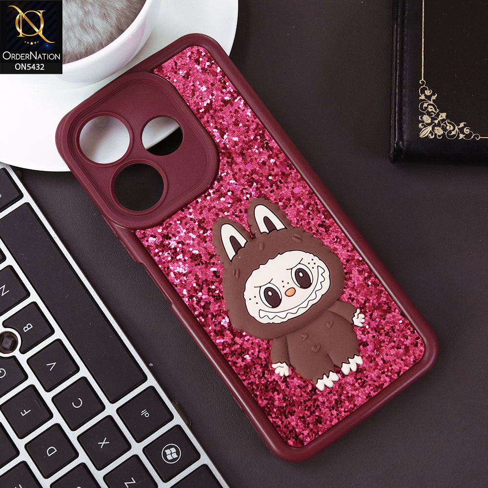 Xiaomi Redmi 13 Cover - Maroon - Cute 3D Cartoon Soft Glitter Case