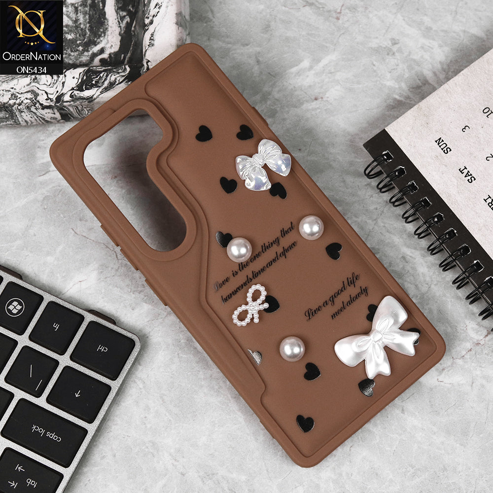 Tecno Camon 40 4G Cover - Brown - New Soft Silicone Case With Cute 3D Pearl Bow Knots Soft Borders Case