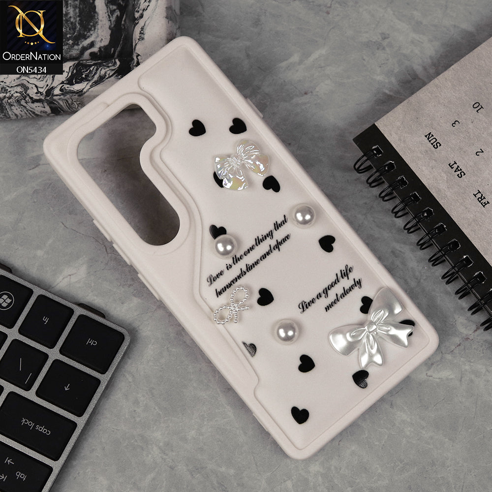 Tecno Camon 40 4G Cover - Off White - New Soft Silicone Case With Cute 3D Pearl Bow Knots Soft Borders Case