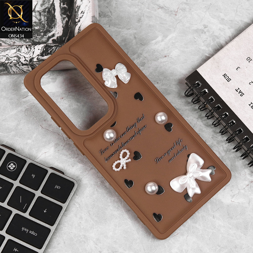 Infinix Hot 50 Pro Plus Cover - Brown - New Soft Silicone Case With Cute 3D Pearl Bow Knots Soft Borders Case