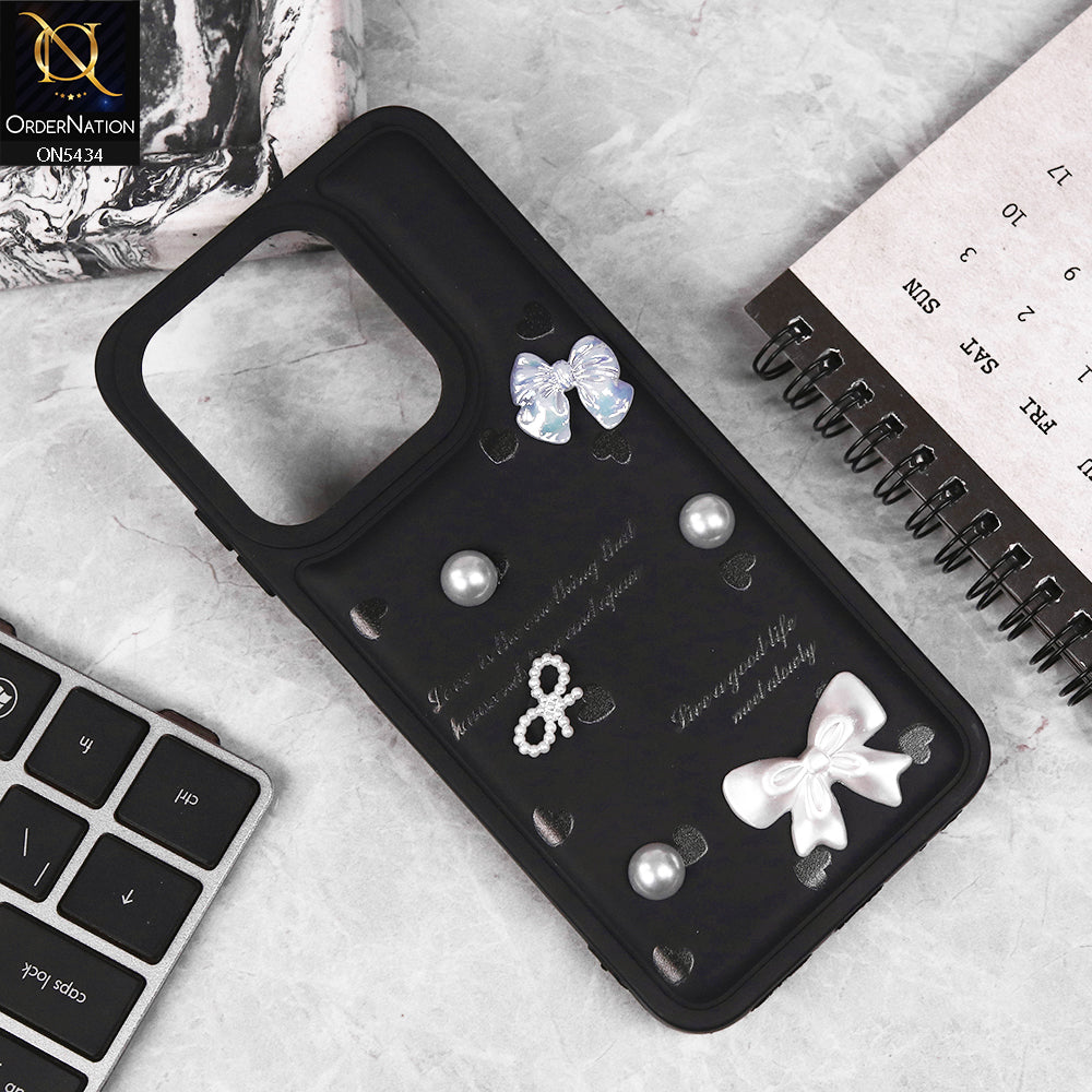 Tecno Spark Go 1 Cover - Black - New Soft Silicone Case With Cute 3D Pearl Bow Knots Soft Borders Case