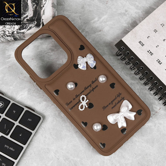 Tecno Pop 9 Cover - Brown - New Soft Silicone Case With Cute 3D Pearl Bow Knots Soft Borders Case