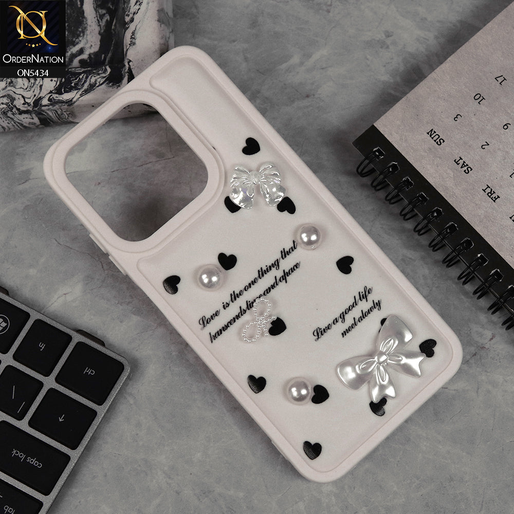 Tecno Pop 9 Cover - Off White - New Soft Silicone Case With Cute 3D Pearl Bow Knots Soft Borders Case