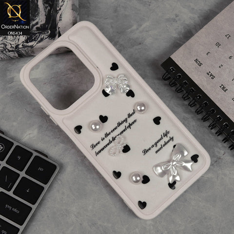 Tecno Pop 9 Cover - Off White - New Soft Silicone Case With Cute 3D Pearl Bow Knots Soft Borders Case