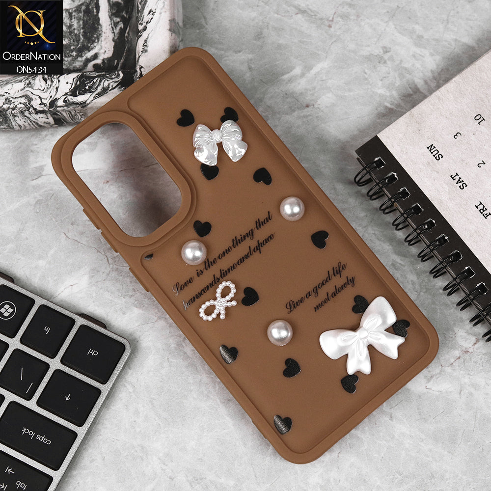 Samsung Galaxy A56 Cover - Brown - New Soft Silicone Case With Cute 3D Pearl Bow Knots Soft Borders Case