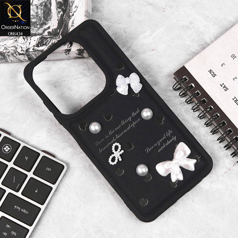 Tecno Spark 20C Cover - Black - New Soft Silicone Case With Cute 3D Pearl Bow Knots Soft Borders Case