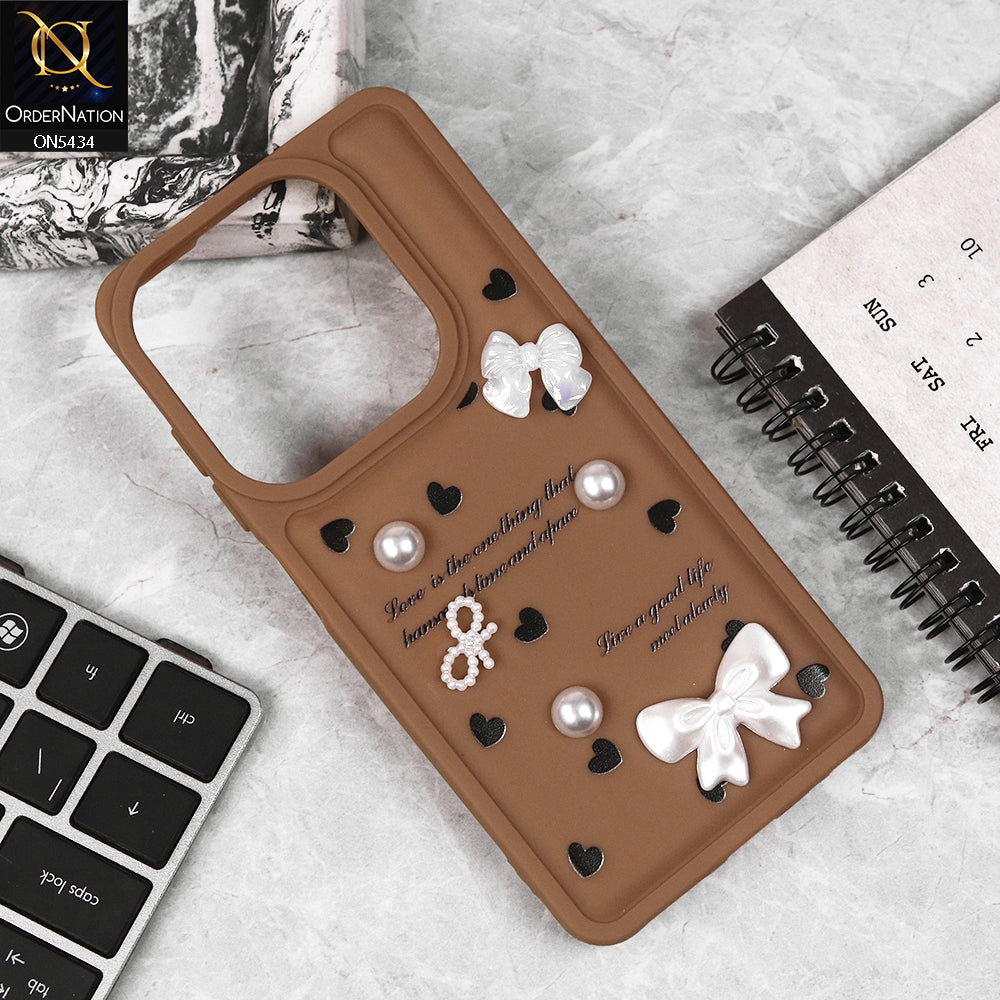 Tecno Spark Go 2024 Cover - Brown - New Soft Silicone Case With Cute 3D Pearl Bow Knots Soft Borders Case