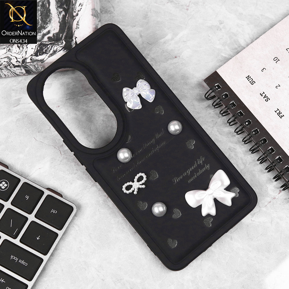 Vivo V50 Cover - Black - New Soft Silicone Case With Cute 3D Pearl Bow Knots Soft Borders Case