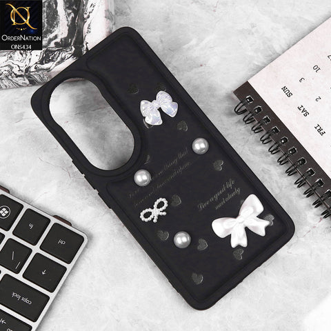 Vivo V50 Cover - Black - New Soft Silicone Case With Cute 3D Pearl Bow Knots Soft Borders Case