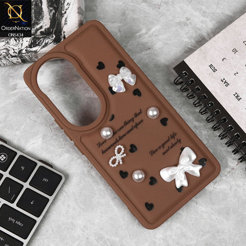 Vivo V50 Cover - Brown - New Soft Silicone Case With Cute 3D Pearl Bow Knots Soft Borders Case