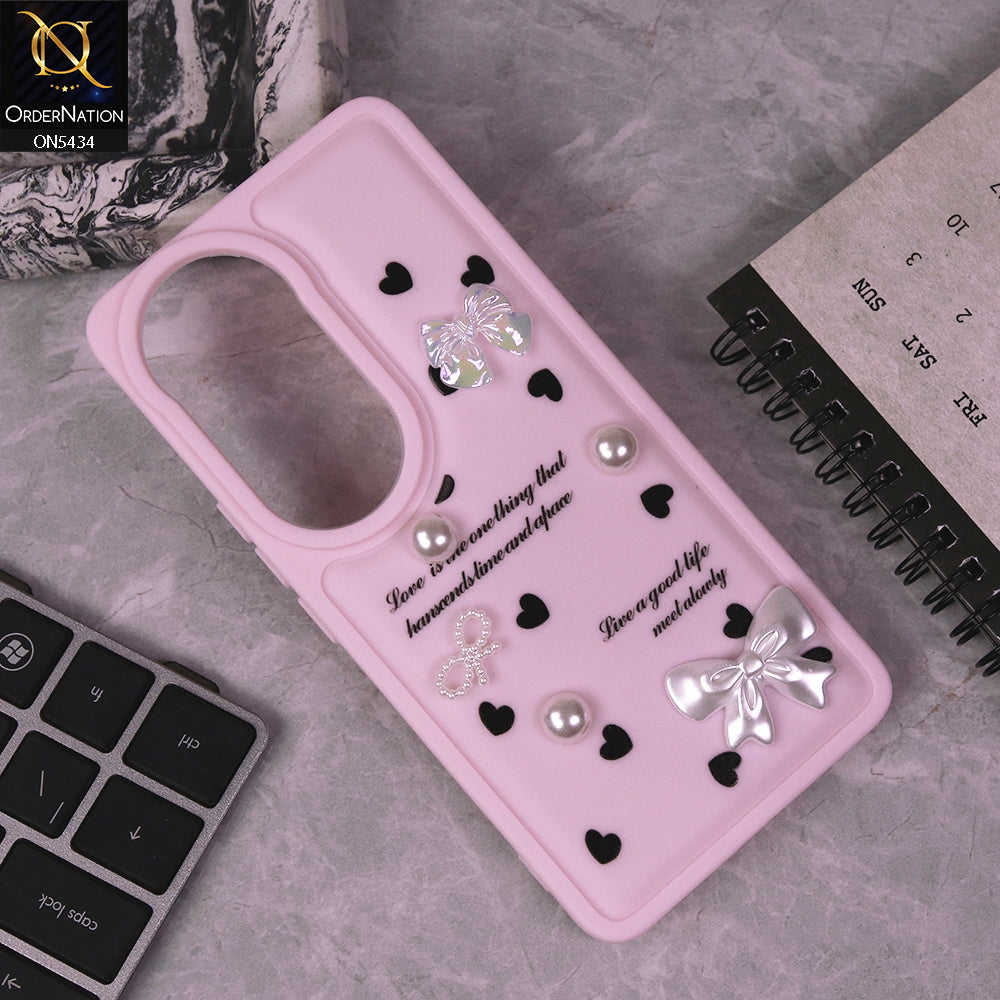 Vivo V50 Cover - Pink - New Soft Silicone Case With Cute 3D Pearl Bow Knots Soft Borders Case