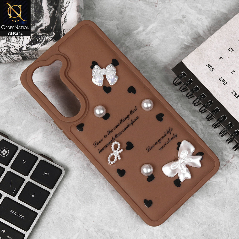 Vivo Y29s Cover - Brown - New Soft Silicone Case With Cute 3D Pearl Bow Knots Soft Borders Case