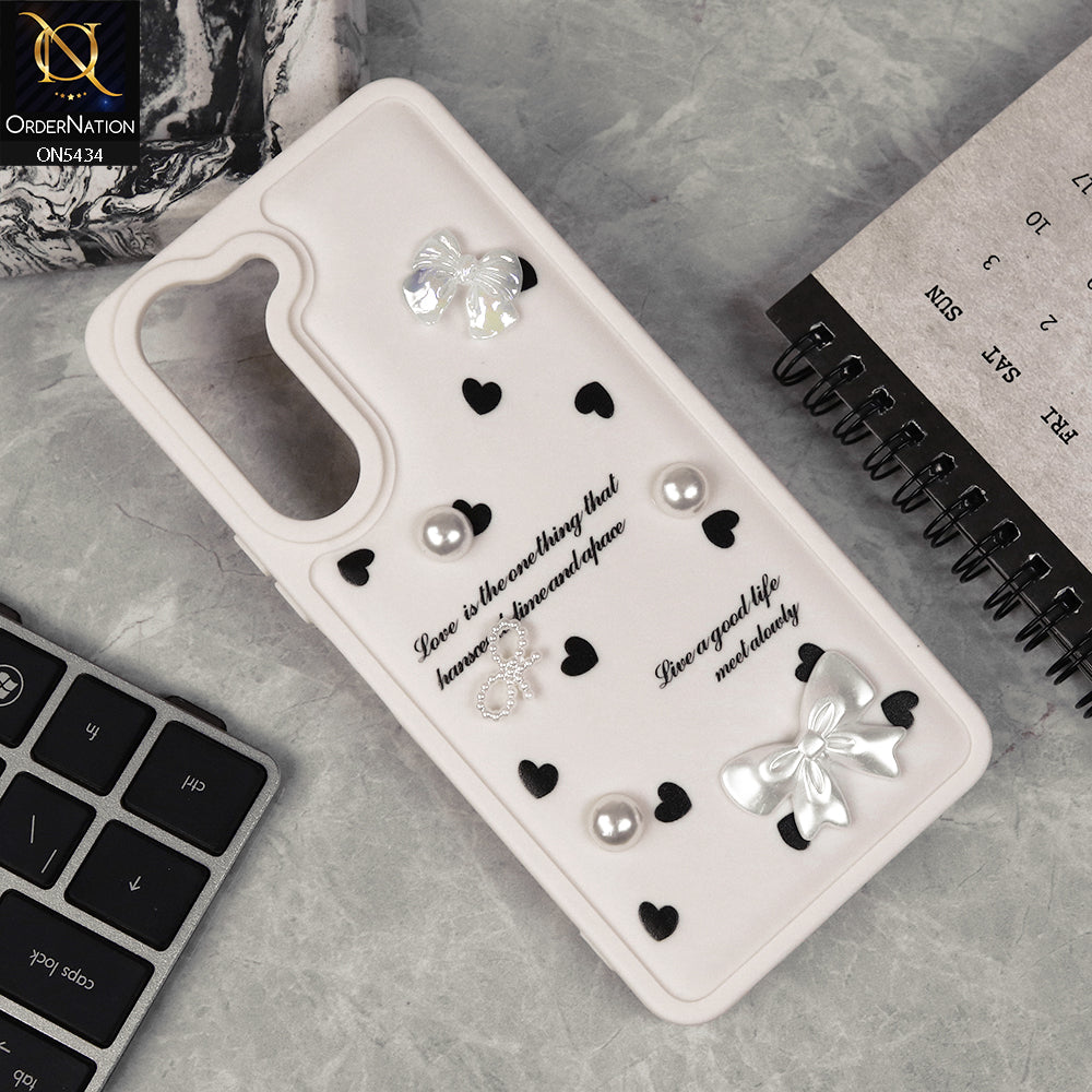 Vivo Y29s Cover - Off White - New Soft Silicone Case With Cute 3D Pearl Bow Knots Soft Borders Case