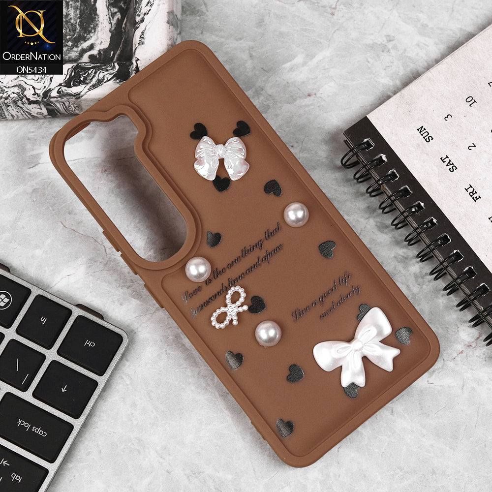 Vivo Y300 Cover - Brown - New Soft Silicone Case With Cute 3D Pearl Bow Knots Soft Borders Case
