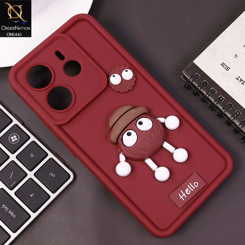 Xiaomi Redmi Note 14 4G Cover - Maroon - Cute 3D Cartoon Soft Case