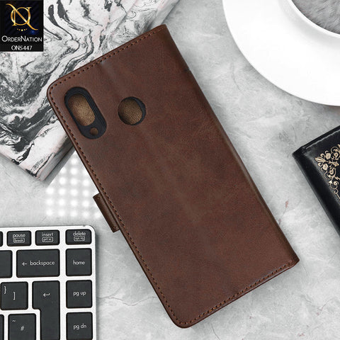Samsung Galaxy A20 Cover - Dark Brown - Premium Leather Megantic Flip Book Covers With Card Holding Option