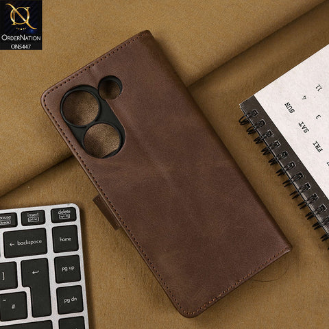 Tecno Camon 20 Cover - Dark Brown - Premium Leather Megantic Flip Book Covers With Card Holding Option