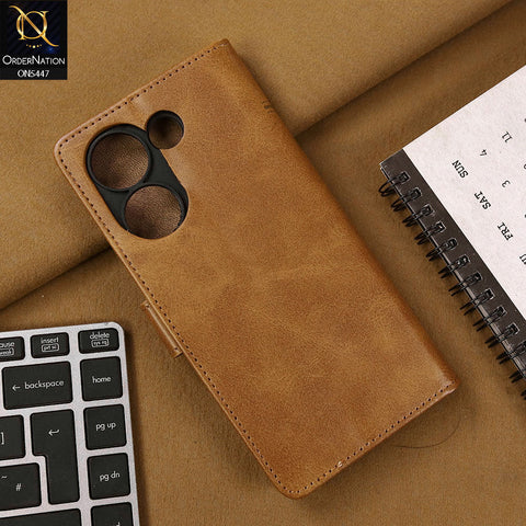 Tecno Camon 20 Pro Cover - Light Brown - Premium Leather Megantic Flip Book Covers With Card Holding Option