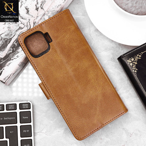 Oppo F17 Pro Cover - Light Brown - Premium Leather Megantic Flip Book Covers With Card Holding Option