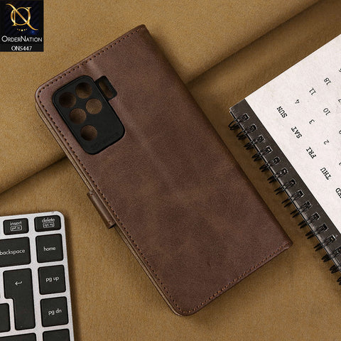 Oppo F19 Pro Cover - Dark Brown - Premium Leather Megantic Flip Book Covers With Card Holding Option